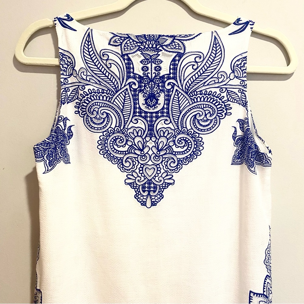 Promod French boutique white summer shift dress with blue embroidery - Picture 3 of 8